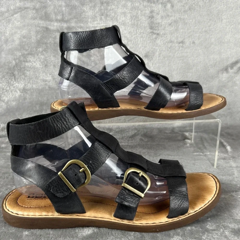 Born Haidee Black Leather Gladiator Sandals Womens 10 M BR0046903 Flat Strappy